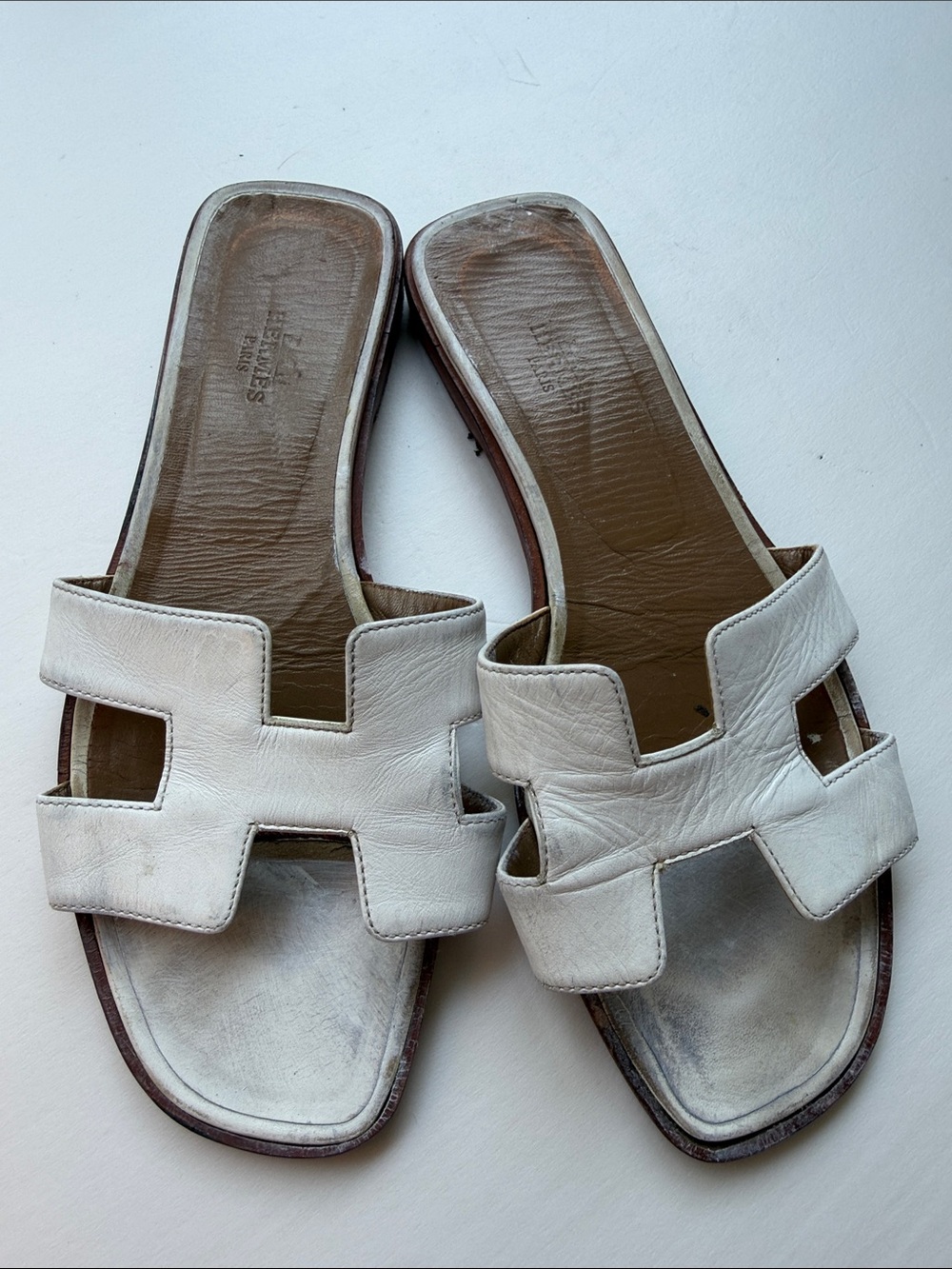 Hermes White Leather Oran Slide Sandals